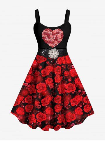 Robe Ceinturée Bouclée 3D Fleur et Cœur Imprimés de Grande Taille Saint-Valentin - BLACK - XS