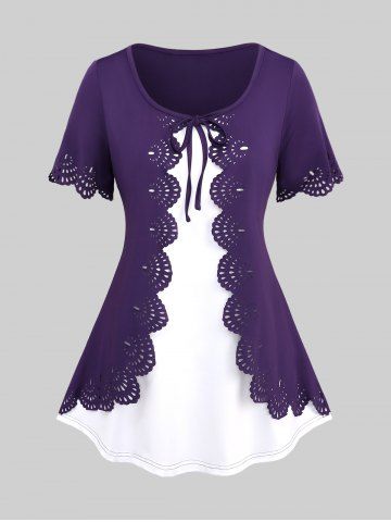 Plus Size Tie Floral Scalloped Cut Hollow Out 2 In 1 T-shirt - PURPLE - M | US 10