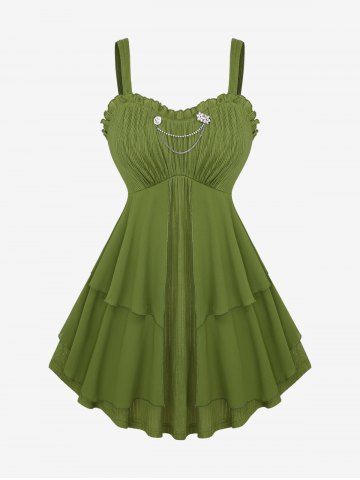 Plus Size Floral Chain Decor Ruffles Ruched Layered Solid Chiffon Tank Top - GREEN - 1X | US 14-16