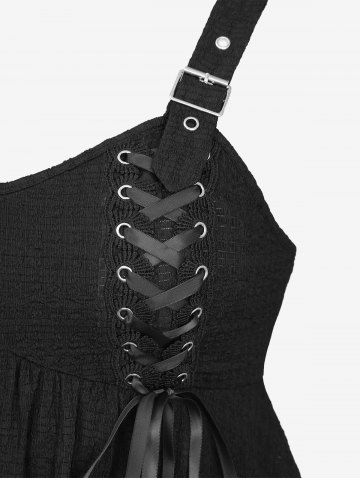Plus Size Lace Up Lace-trim Buckle Grommet Textured Handkerchief Solid Tank Top