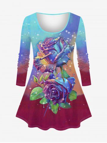 Plus Size Ombre Colorblock Rose Flower Leaf Glitter 3D Print Long Sleeve T-shirt - MULTI-A - 5X