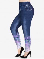Plus Size Flowes Leaf Watercolor Painting Pockets Denim 3D Print Leggings -  