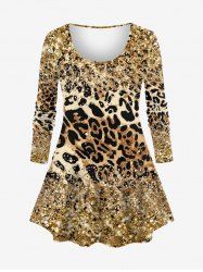 Plus Size Leopard Sparkling Sequin Glitter 3D Print Long Sleeve T-shirt -  