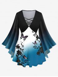 Plus Size Flare Sleeves Butterfly Floral Leaf Print Ombre Lattice Top -  