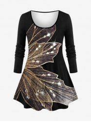 T-shirt Brillant 3D Papillon Imprimé de Grande Taille avec Strass à Manches Longues - Noir 6X