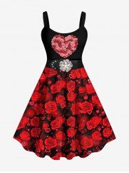 Plus Size Valentine's Day Rose Flower Heart Buckle Belt 3D Print Tank Dress -  