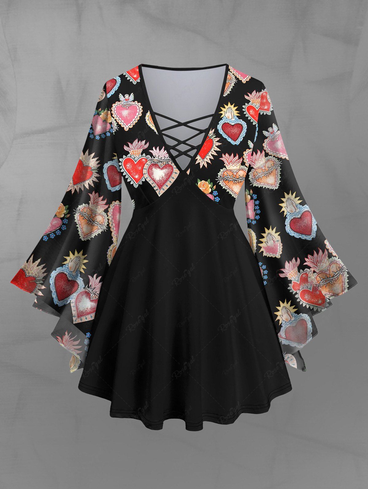 Discount Gothic Flare Sleeves Heart Clap Hand Floral Printed Valentines Lattice Patchwork Blouse  