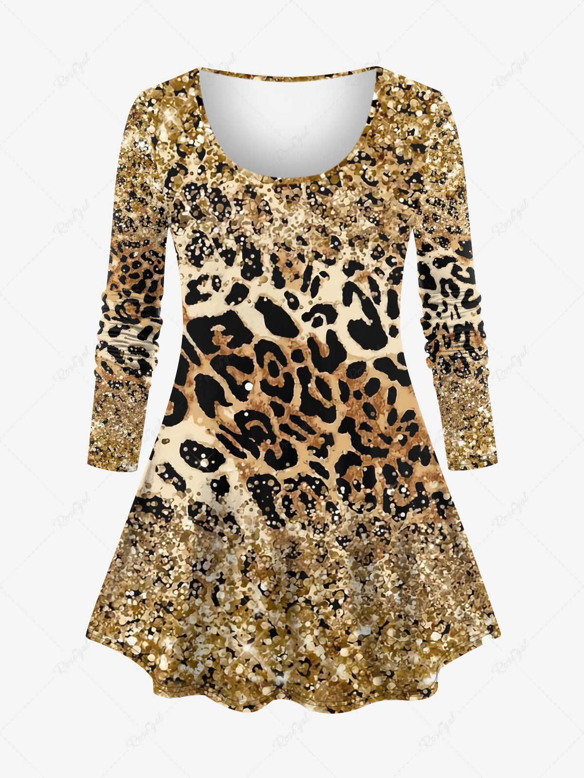 Outfits Plus Size Leopard Sparkling Sequin Glitter 3D Print Long Sleeve T-shirt  