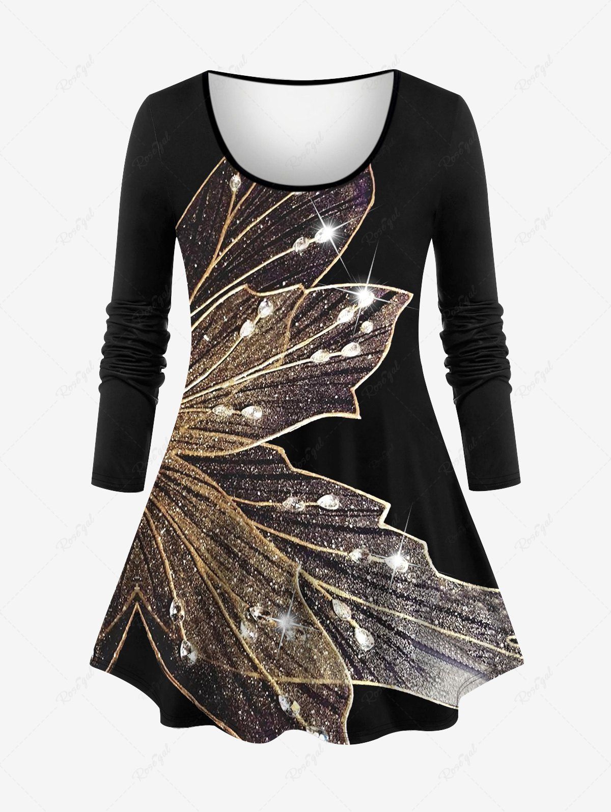 T-shirt Brillant 3D Papillon Imprimé de Grande Taille avec Strass à Manches Longues Noir 6X