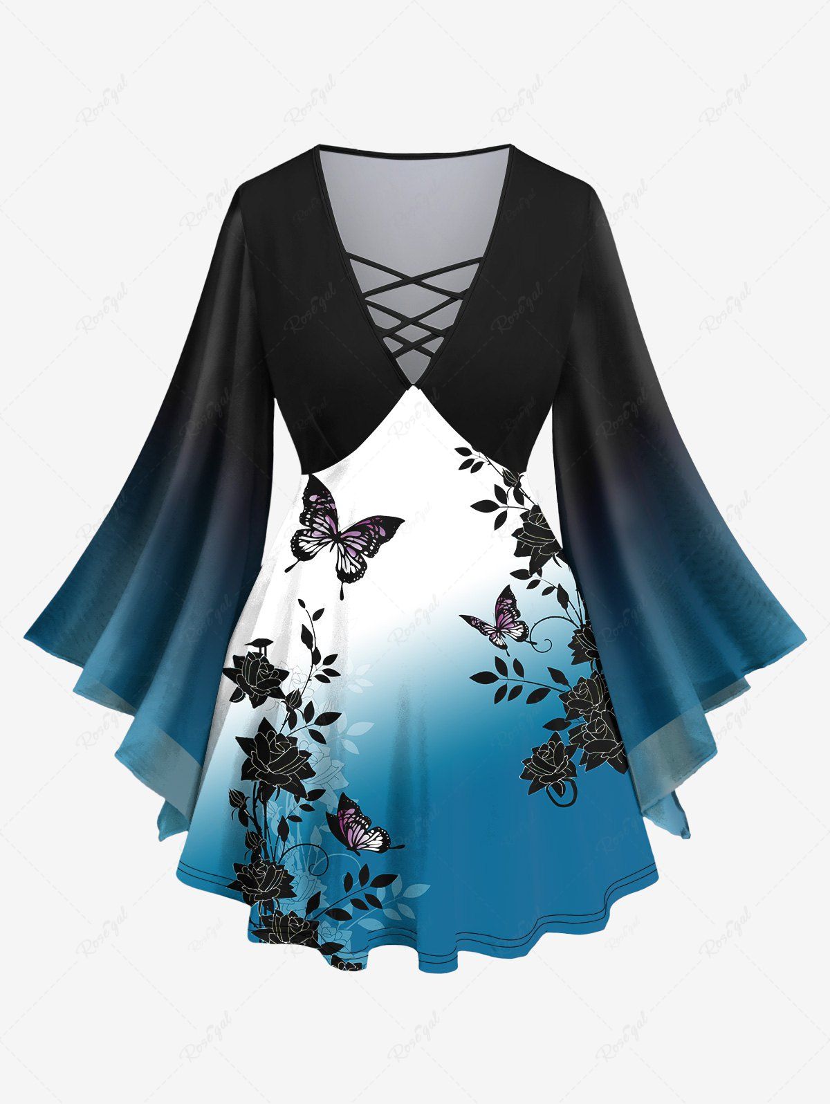 Hot Plus Size Flare Sleeves Butterfly Floral Leaf Print Ombre Lattice Top  