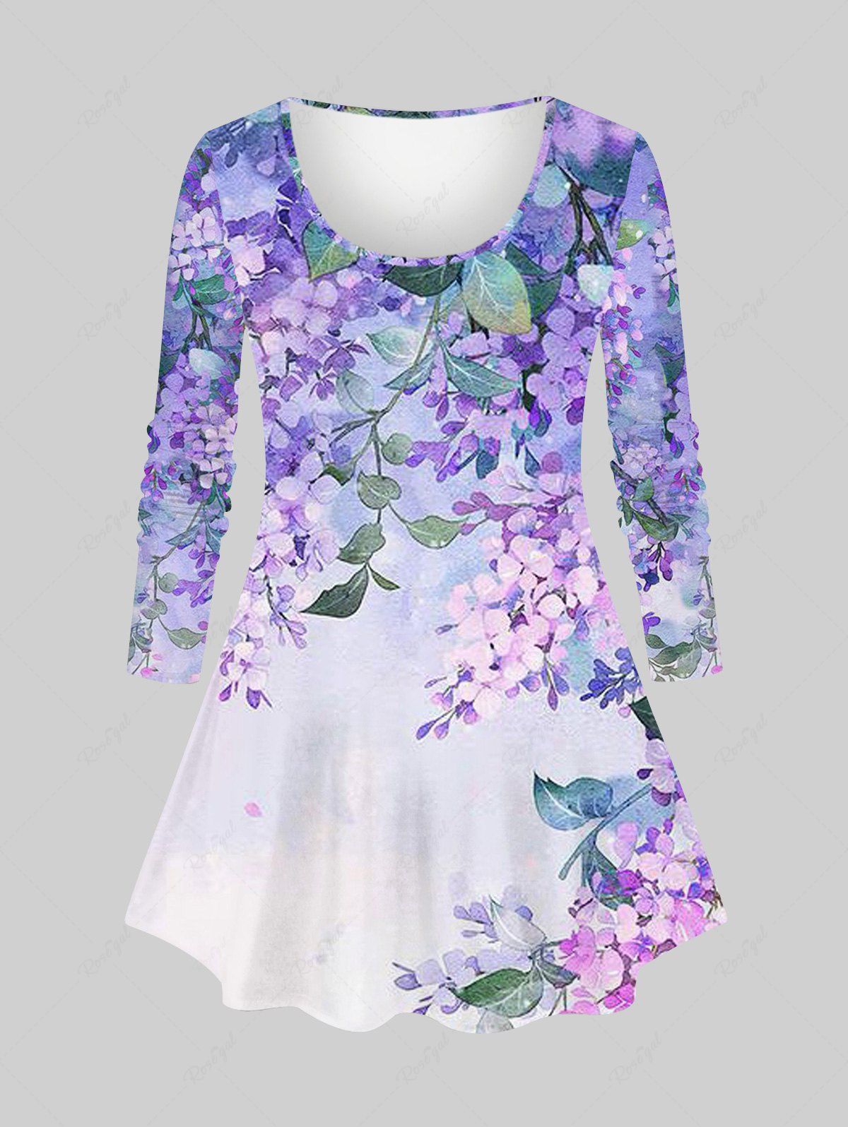 Discount Plus Size Flowers Leaf Wtercolor Painting Ombre Print Long Sleeve T-shirt  