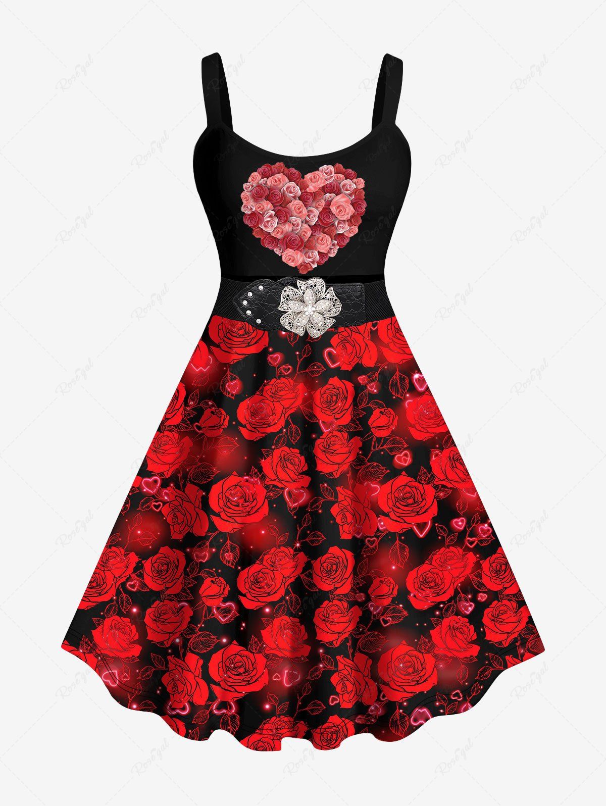 Robe Ceinturée Bouclée 3D Fleur et Cœur Imprimés de Grande Taille Saint-Valentin Noir S
