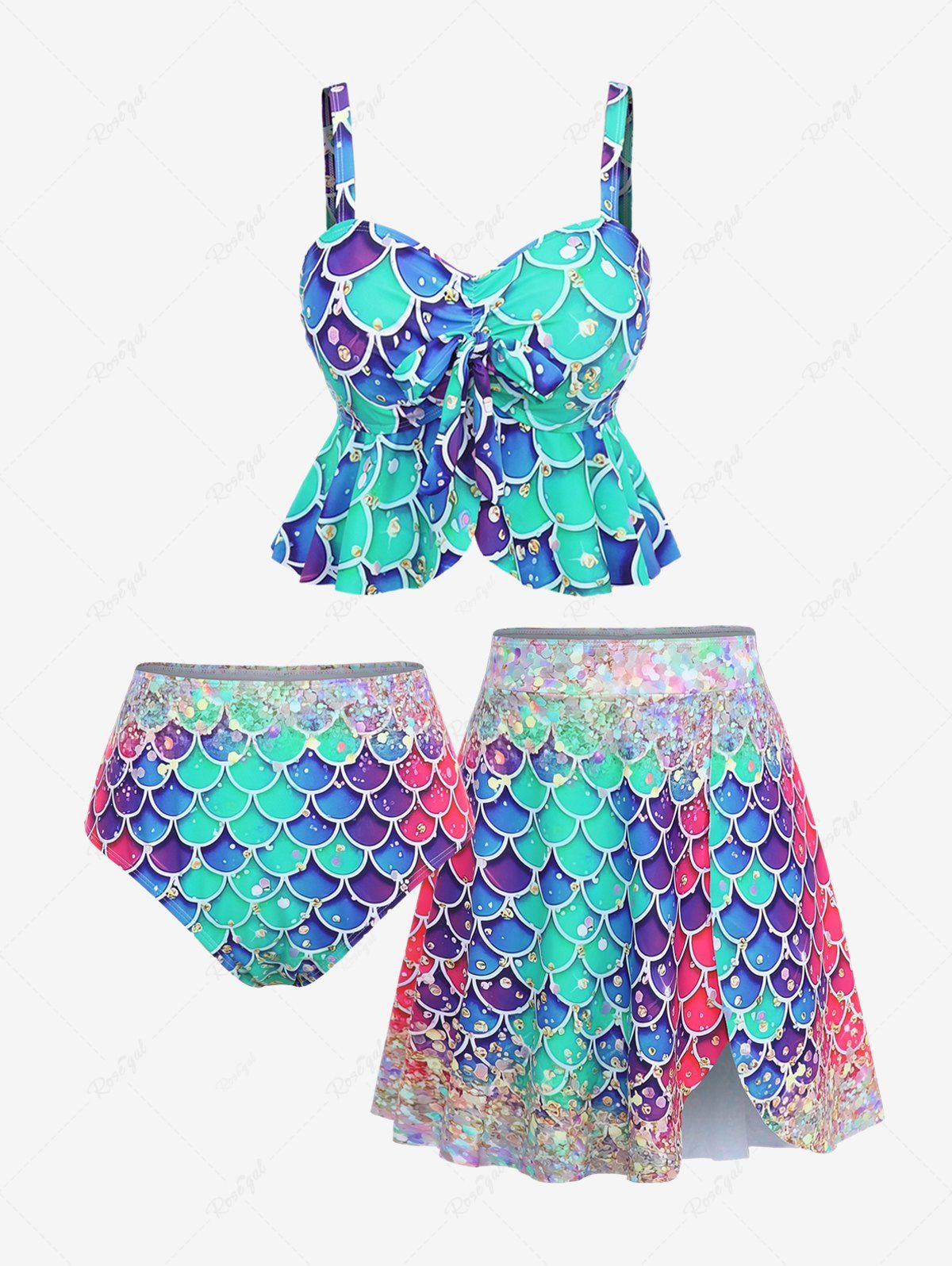 Discount Plus Size Mermaid Sparkling Sequin Glitter 3D Print Cinched Ruched Tie Split Tulip Hem Skirt 3 Pcs Tankini Set  