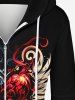 Plus Size Wing Heart Flame Phoenix Print Full Zipper Pocket Drawstring Long Sleeves Hoodie -  