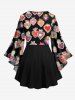 Gothic Flare Sleeves Heart Clap Hand Floral Printed Valentines Lattice Patchwork Blouse -  