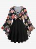 Gothic Flare Sleeves Heart Clap Hand Floral Printed Valentines Lattice Patchwork Blouse -  