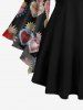 Gothic Flare Sleeves Heart Clap Hand Floral Printed Valentines Lattice Patchwork Blouse -  