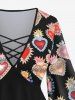 Gothic Flare Sleeves Heart Clap Hand Floral Printed Valentines Lattice Patchwork Blouse -  