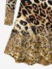 Plus Size Leopard Sparkling Sequin Glitter 3D Print Long Sleeve T-shirt -  