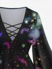 Plus Size Galaxy Moon Star Cloud Sparkling Sequin Glitter 3D Print Lattice Crisscross Flare Sleeve Top -  