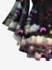 Plus Size Galaxy Moon Star Cloud Sparkling Sequin Glitter 3D Print Lattice Crisscross Flare Sleeve Top -  