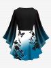 Plus Size Flare Sleeves Butterfly Floral Leaf Print Ombre Lattice Top -  