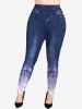 Plus Size Flowes Leaf Watercolor Painting Pockets Denim 3D Print Leggings -  