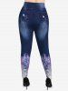 Plus Size Flowes Leaf Watercolor Painting Pockets Denim 3D Print Leggings -  