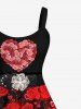 Robe Ceinturée Bouclée 3D Fleur et Cœur Imprimés de Grande Taille Saint-Valentin - Noir S