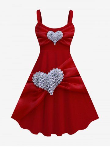 Plus Size 3D Glitter Rhinestone Heart Bowknot Print A Line Tank Dress - RED - 3X