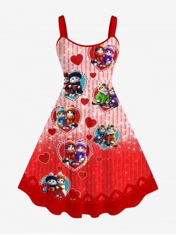 Plus Size Valentine's Day Heart Cats Colorblock Stripe Glitter 3D Print Tank Dress - RED - XS