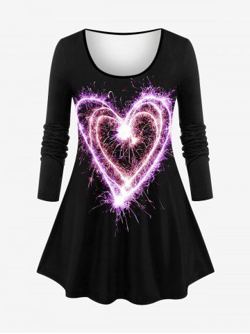 Plus Size Glitter Heart Firework Print Long Sleeves Valentines T-shirt - LIGHT PINK - XS