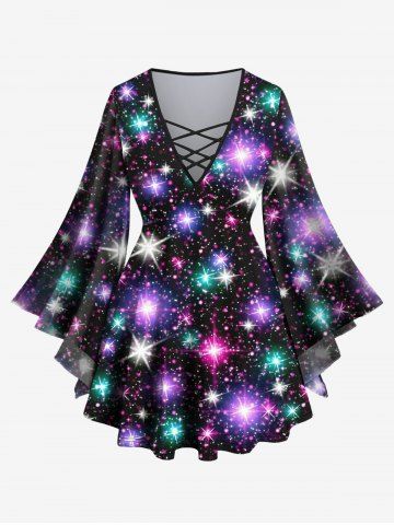 Plus Size Galaxy Star Glitter Sparkling Sequin 3D Print Lattice Crisscross Flare Sleeve Top - PURPLE - 6X