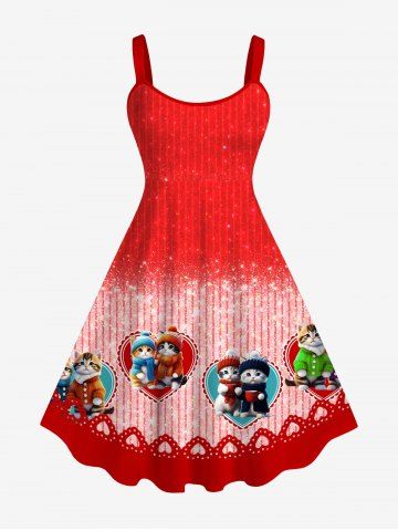 Plus Size Valentine's Day Heart Cats Colorblock Stripe Glitter 3D Print Tank Dress - RED - XS