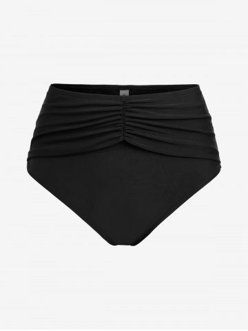 Plus Size Fold-over Ruched Solid High Waisted Bikini Bottom - BLACK - L | US 12