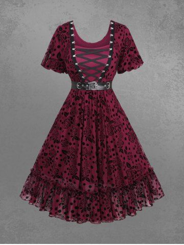 Gothic Puff Sleeves Polka Dot Floral Mesh Flocking Lace Up Ruffles Ruched A Line Dress with PU Buckle Belt - RED - 3X | US 22-24