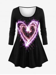 Plus Size Glitter Heart Firework Print Long Sleeves Valentines T-shirt -  