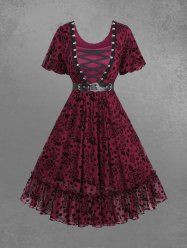 Robe Ligne A Gothique Bouclée en Maille à Manches Bouffantes à Volants en PU - Rouge 3X | US 22-24