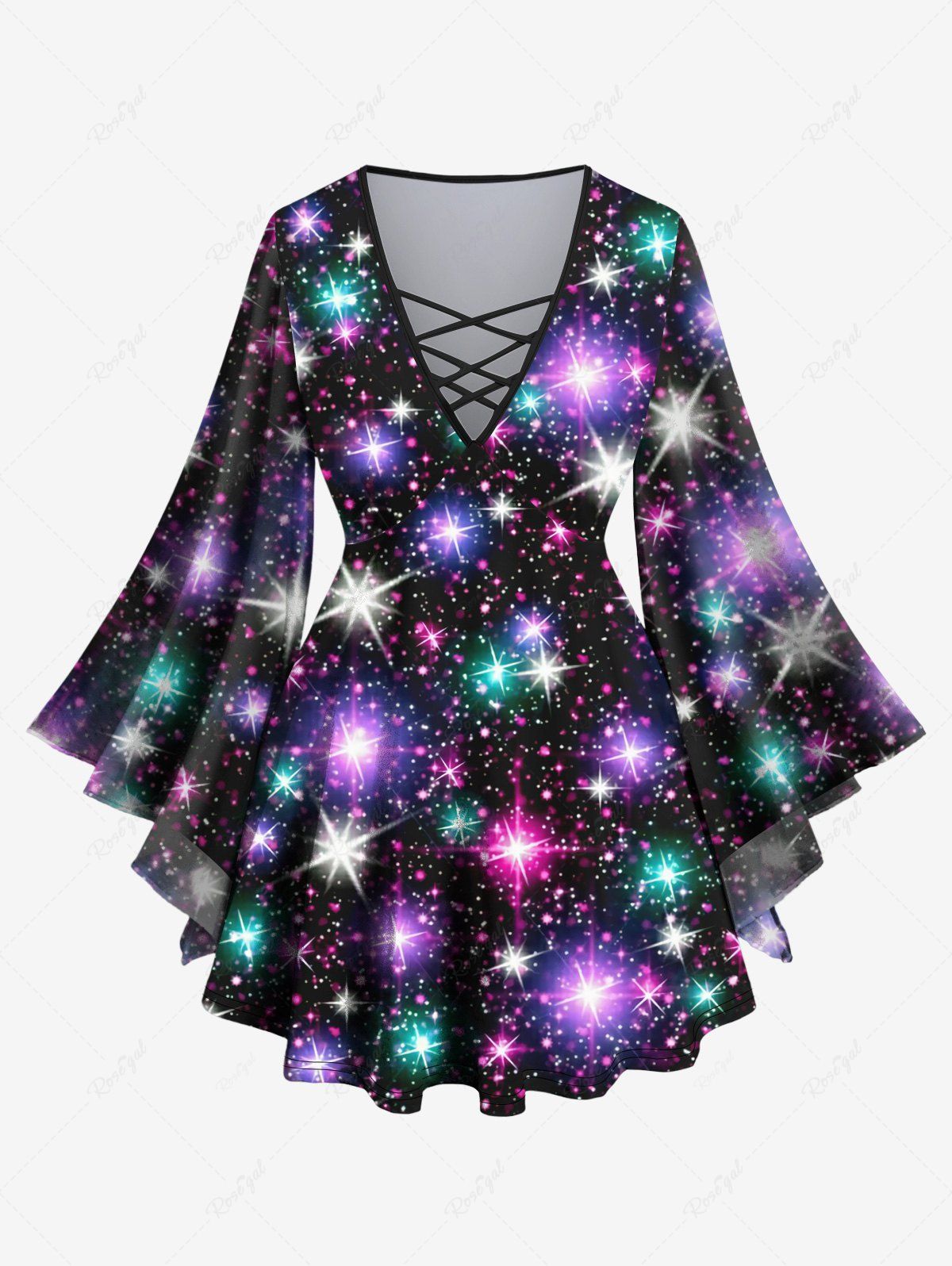Shops Plus Size Galaxy Star Glitter Sparkling Sequin 3D Print Lattice Crisscross Flare Sleeve Top  