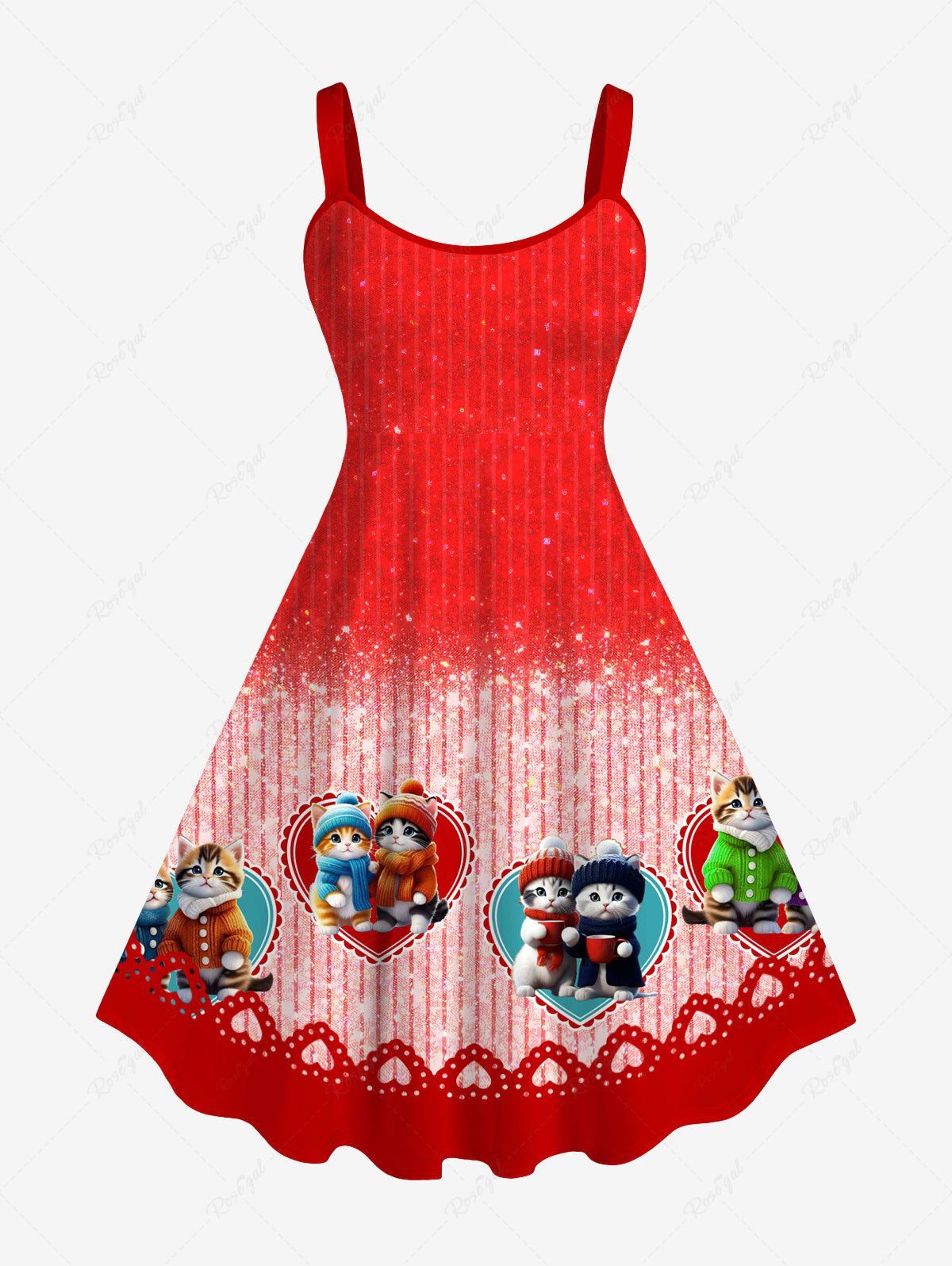 Online Plus Size Valentine's Day Heart Cats Colorblock Stripe Glitter 3D Print Tank Dress  