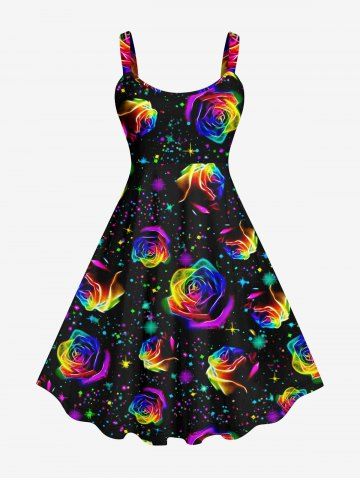 Plus Size Glitter Colorful Rose Flower Galaxy Print A Line Tank Dress - BLACK - 1X