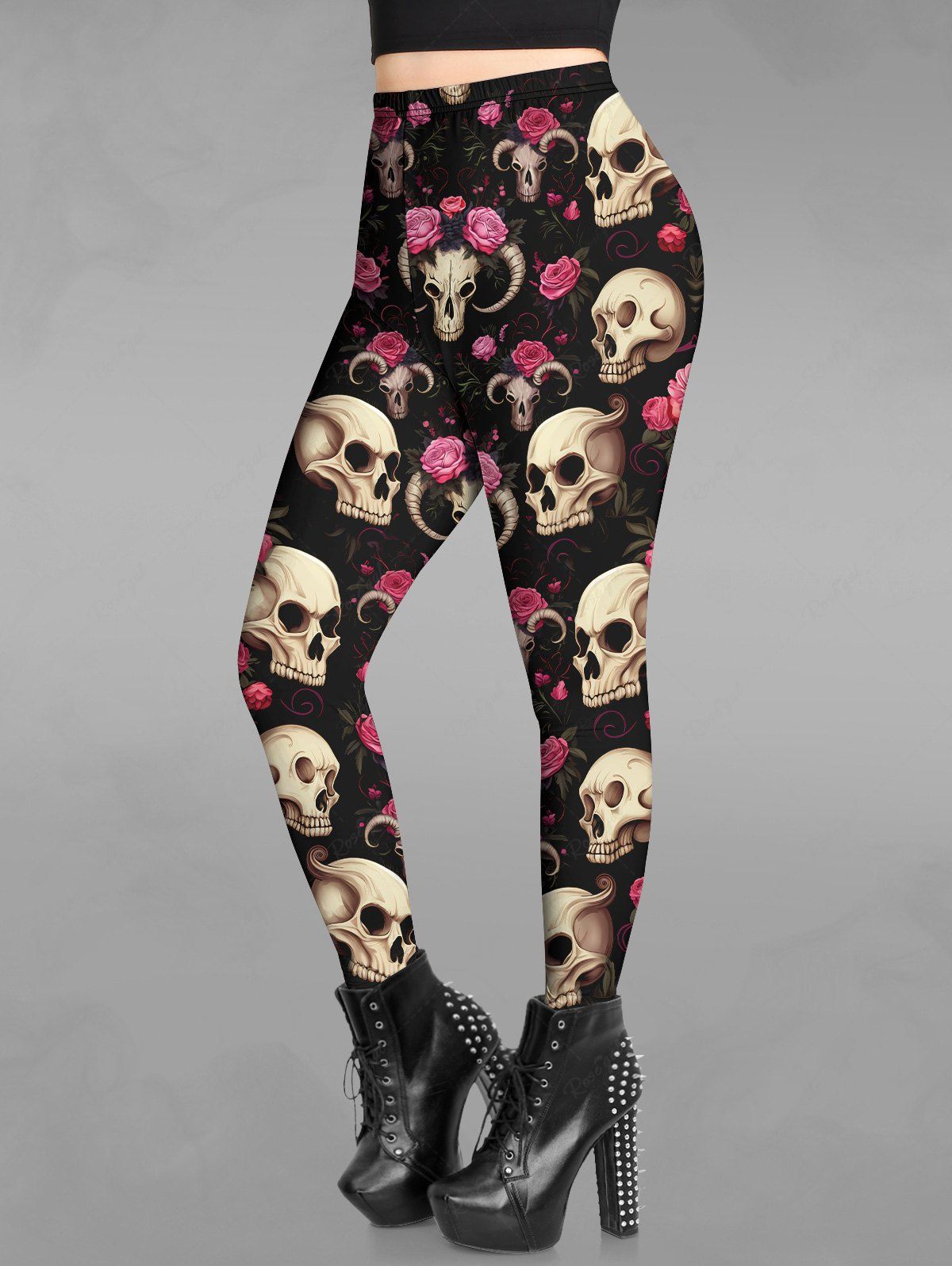 Fancy Gothic Rose Flower Skulls Horn Print Skinny Leggings  