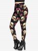 Gothic Rose Flower Skulls Horn Print Skinny Leggings -  