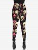 Gothic Rose Flower Skulls Horn Print Skinny Leggings -  