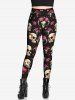 Gothic Rose Flower Skulls Horn Print Skinny Leggings -  