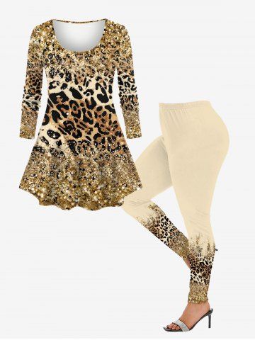 Leopard Sparkling Sequin Glitter 3D Printed Long Sleeve T-shirt and Leggings Plus Size Matching Set - COFFEE