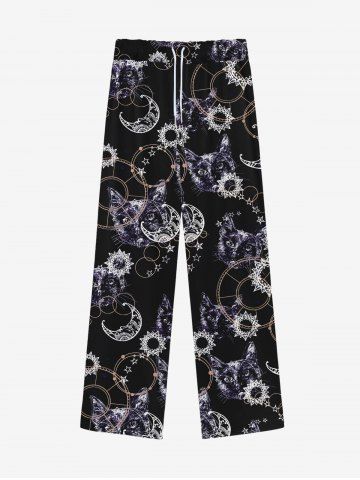 Gothic Galaxy Moon Star Cat Bubble Print Wide Leg Drawstring Sweatpants For Men - BLACK - XL