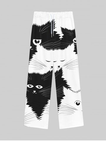 Gothic Cut Cat Print Drawstring Pull On Wide Leg Sweatpants For Men