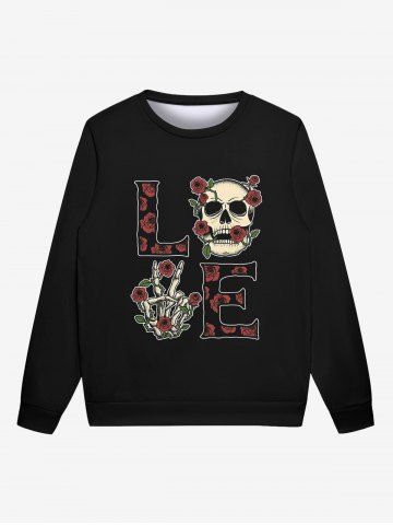 Gothic Skull Skeleton Hand Rose Flower Letters Print Pullover Valentines Sweatshirt For Men - BLACK - 3XL