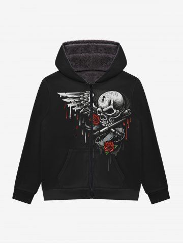 Gothic Skulls Wing Bloody Rose Flower Print Pocket Zipper Fleece Lining Hoodie For Men - BLACK - S